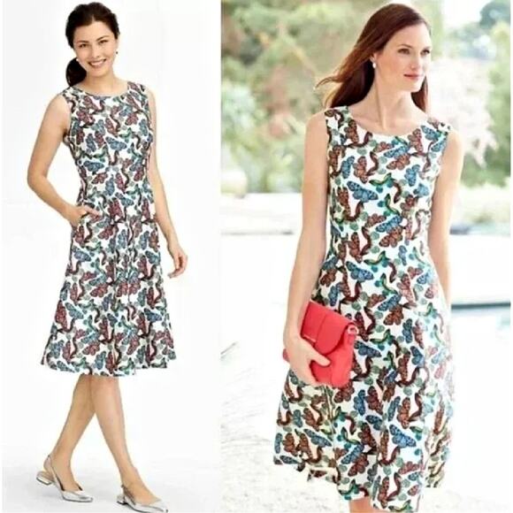TALBOTS Butterfly Print Linen-Blend Midi Dress Sz 6 A-line Summer Modest A-line - Picture 4 of 10